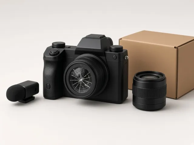 A black mirrorless camera with a cracked lens beside a plain shipping box