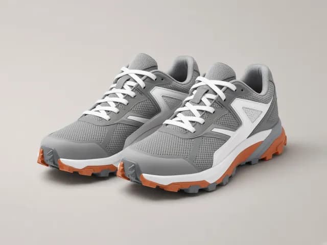 A pair of grey trail running shoes with orange soles